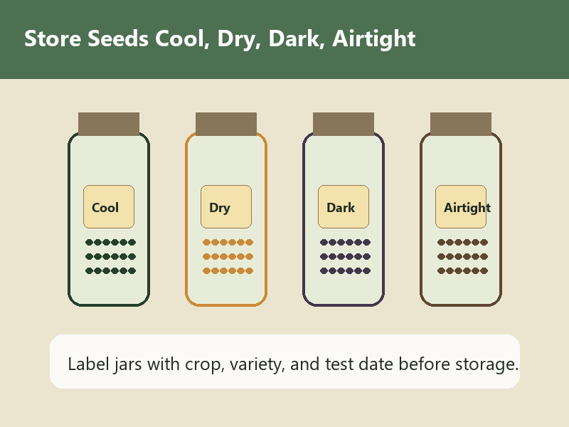 Illustrated seed storage jars showing cool, dry, dark, and airtight seed storage principles.