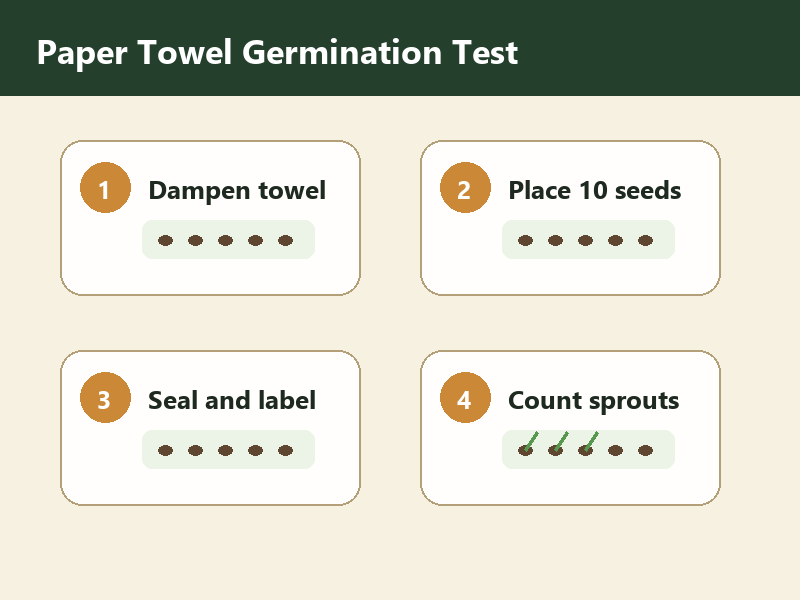 Four-step paper towel germination test for checking whether old garden seeds will sprout.