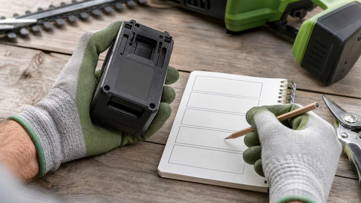 Gloved gardener recording identifying details from a disconnected garden-tool battery