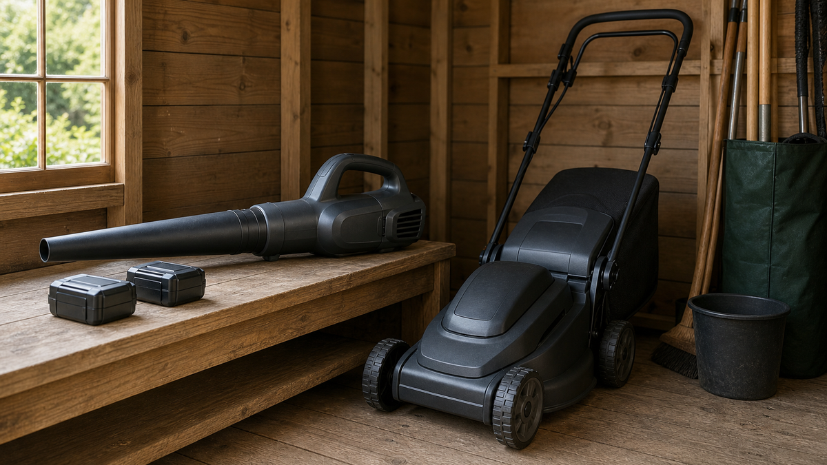Powered-off cordless leaf blower and mower stored with batteries removed